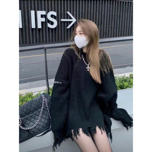 ＃破洞流蘇加厚毛衣女2023秋冬新款寬松中長款針織衫設計感小眾上衣