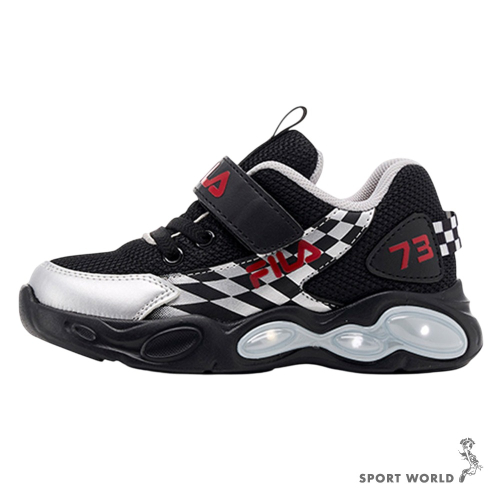 FILA 慢跑鞋 中童鞋 燈鞋 魔鬼氈 足弓支撐 賽車 銀黑【運動世界】7-J429A-082