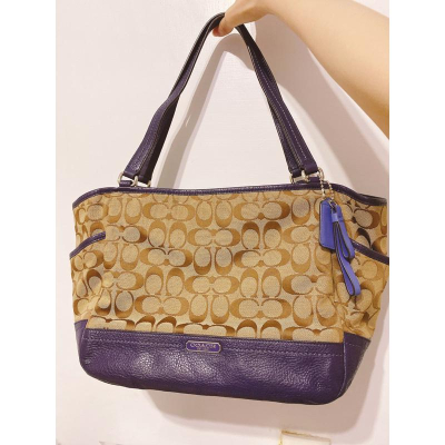二手九成新 正品 COACH 織布&真皮拼接 手提/肩背包 大容量 紫色