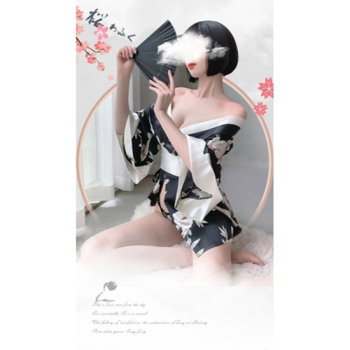華麗 日系復古風 火辣性感 角色扮演 跑趴 外拍 黑色印花短版和服 日本妹 活動 表演 直播 情趣服飾 夜店 主題趴