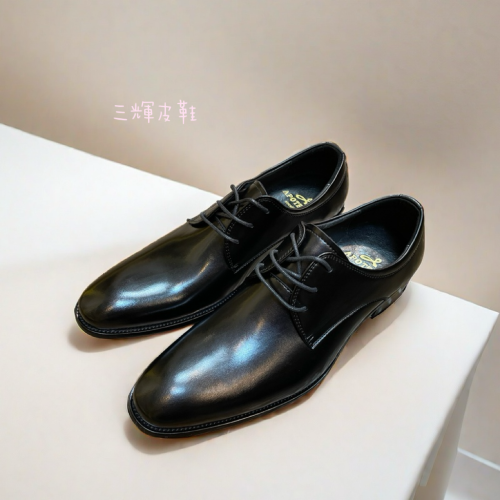 三輝皮鞋真皮牛津鞋 氣墊皮鞋 德比鞋男 皮鞋男 上班鞋 商務鞋 婚鞋 德比鞋 牛皮尖頭素面寬楦綁帶防斷底木頭跟正裝男皮鞋
