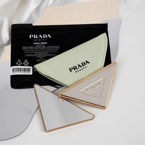 Prada 隨身鏡 化妝品VIP漂亮禮❤️化妝鏡藏藍色鑲鑽補妝鏡翻蓋隨身迷 經典三角化妝鏡 便攜單面鏡 隨身鏡帶收納包