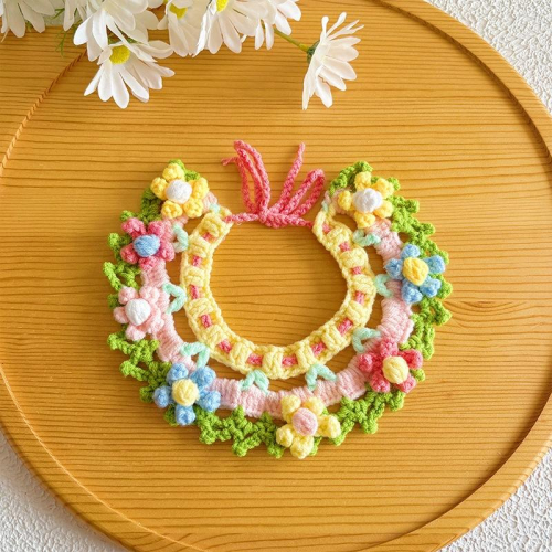 #寵研所 春夏針織款 寵物針織圍脖 花朵猫咪領巾 七彩繁花 小狗狗口水巾 圍兜兜
