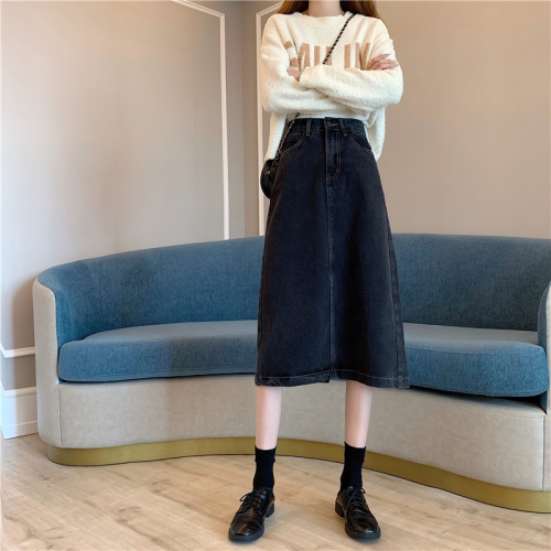 牛仔開叉半身裙秋冬女中長款2020新款韓版高腰顯瘦a字黑色包臀裙