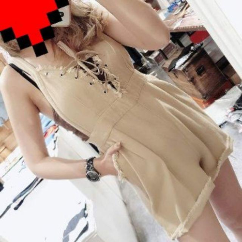 綁帶牛仔細肩帶吊帶連身短褲 牛仔短褲 連身褲 超辣 綁帶 吊帶短褲