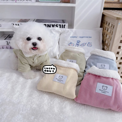 ♡【G50 預購 】多色坑條翻領小熊標籤棉服寵物衣服