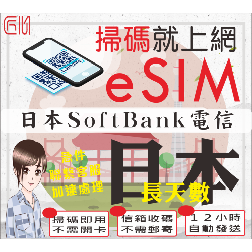 ├匠心_eSIM┤日本SoftBank 長天數 京阪神 北海道 關西 九州 日本網卡 日本上網卡 日本SIM卡