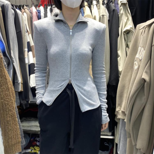 DearGod正韓女裝HU MSMR立領拉鍊T恤開衫秋冬氣質短款修身顯瘦百搭純色上衣