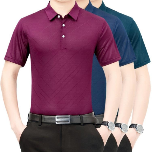 新品男士桑蠶絲短袖T恤翻領百搭中年男裝時尚休閒格紋POLO衫上衣