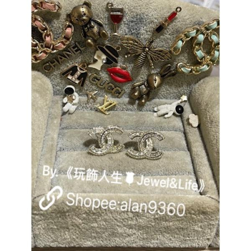 CHANEL 超閃耀 經典 雙排 二手 水鑽 金色 造型 耳環