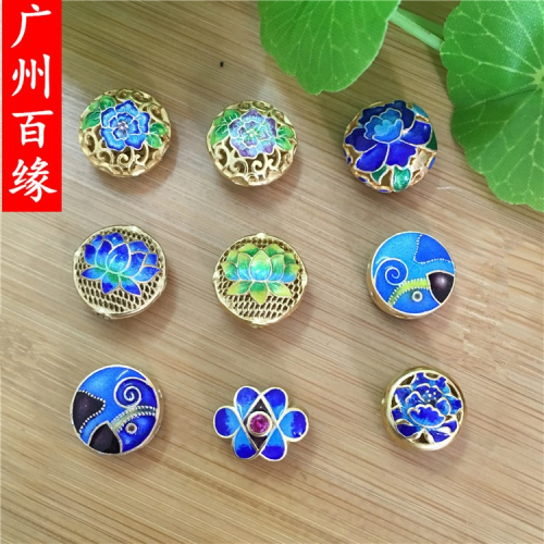 S925銀燒藍 景泰藍配件 扁珠三通隔珠 銀鍍金琺瑯掐絲配飾