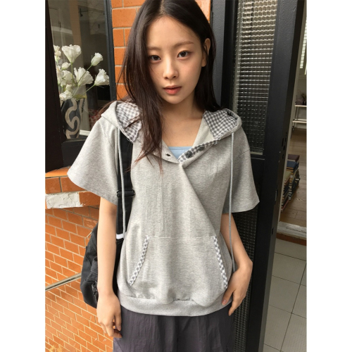 正韓製格紋滾邊短袖連帽上衣 hood 3色 / ba-on 하칸지 체크 배색 버튼 후드 반팔 티
