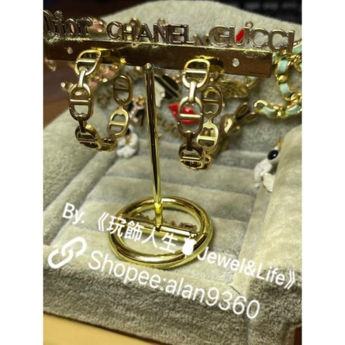 DIOR 基本款 簡約 素面 復古金 二手 CD 滿版 半圓式 耳環
