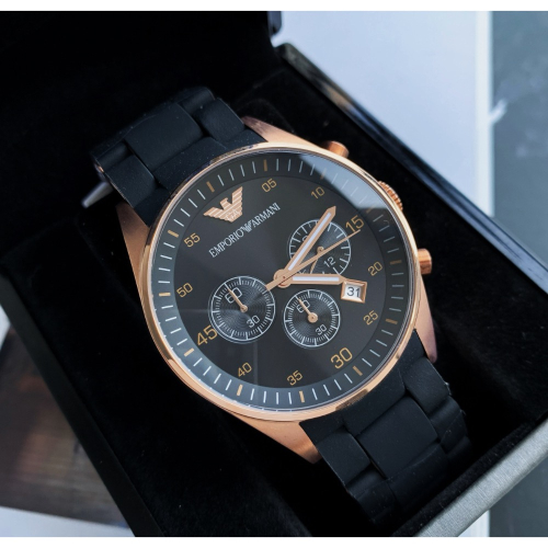 Emporio Armani 黑面盤橡膠包覆鋼帶 AR5905 三眼阿瑪尼男錶