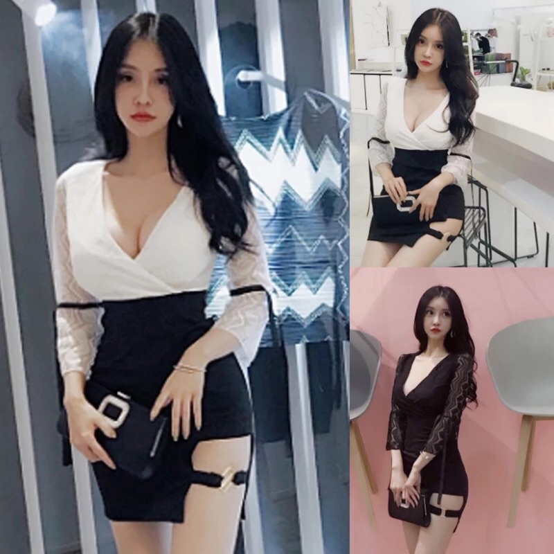 ❤️現貨在台，白.黑S- L 女神 夜店 性感 氣質 長袖 深V v領 低胸 蕾絲 拼接 鏤空 包臀 連衣裙 洋裝 禮服