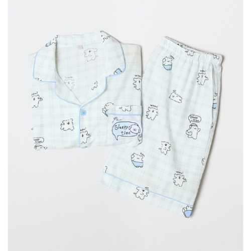 現貨 藍白格 韓國 SPAO 睡衣 短褲 短袖 線條小狗 線條狗 狗狗 小狗 整套