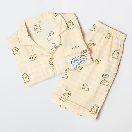 現貨 奶油黃格 韓國 SPAO 睡衣 短褲 短袖 線條小狗 線條狗 狗狗 小狗 整套