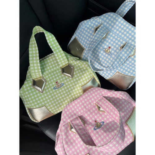 Vivienne刺繡土星西太后格子保齡球包 手提包及迷你保齡球包 斜背包 肩背包 粉嫩嫩 馬卡龍糖果色 好質感又萌。最後