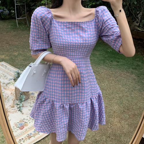 法式格子收腰氣質裙子新款復古顯瘦連衣裙女夏季短袖包臀短裙