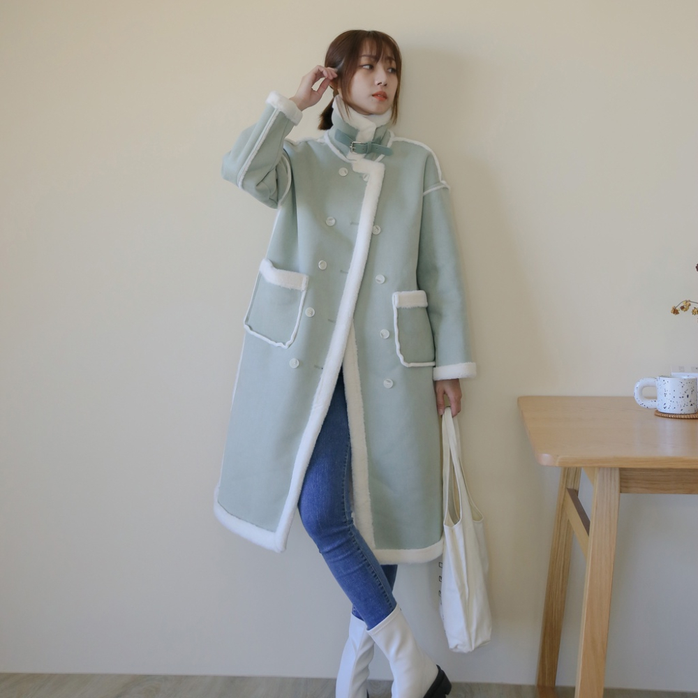 【Our Studio】質感溫柔色麂皮羊羔毛口袋大衣 杏色 奶油綠色(現貨)