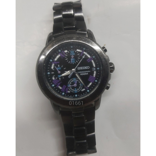 【SEIKO精工】 SNDY91P1 羅馬字三眼計時 鋼錶帶女錶 36mm 黑/紫 7T92-0LD0，SEIKO錶