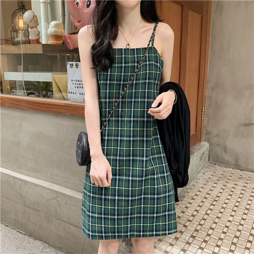 格子吊帶連衣裙女年夏季新款復古chic網紅氣質小個子法式裙子