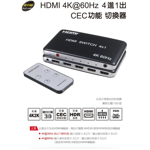 伽利略 HDMI 4K@60Hz 4進1出 CEC功能 切換器 產品型號: HDS401C