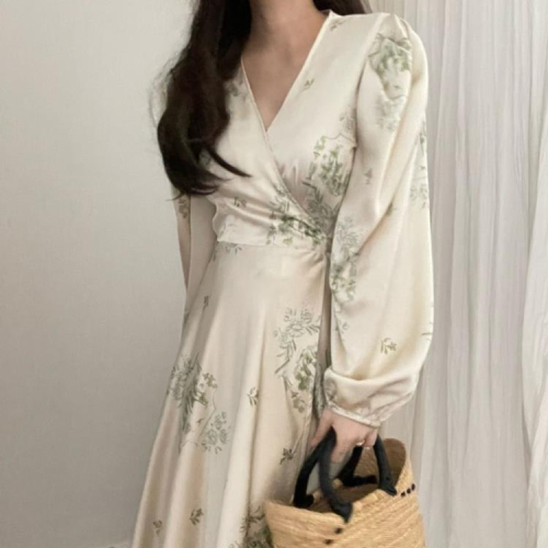DearGod正韓女裝韓國chic優雅光澤感V領印花收腰連身裙女春秋新款溫柔風中長裙子洋裝
