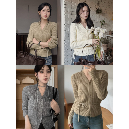 顯瘦柔美感綁帶羅紋針織外套 cardigan 3色 / 포유 여리핏 스트랩 골지가디건