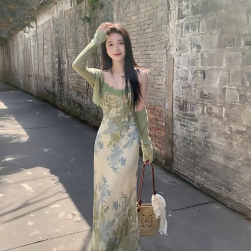 復古新中式吊帶初春洋裝女高級感小外套裙子套裝兩件套氣質長裙夏