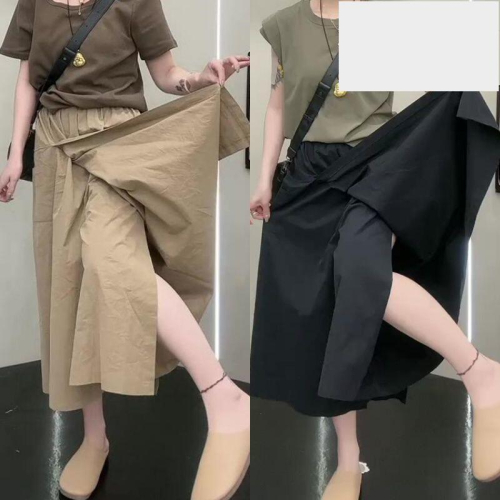 高腰薄款闊腿2024夏季新款開叉褲裙女顯瘦寬鬆八分休閒水洗寬褲