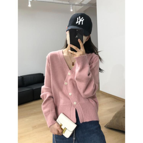 DearGod正韓女裝秋季新款不規則小眾設計V領短款針織開衫顯白百搭斜扣毛衣外套女