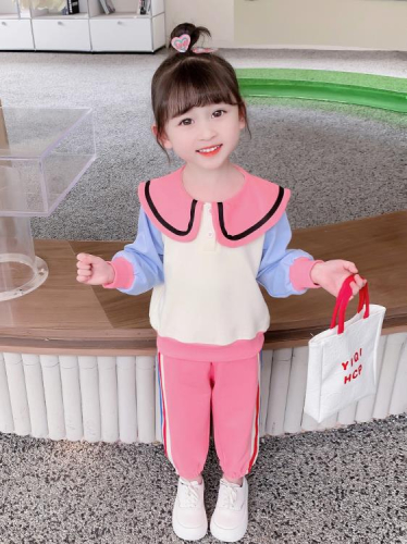 寶貝童裝女童春裝套裝春季正韓洋氣時髦女寶寶長袖娃娃領休閒衛衣兒童春款