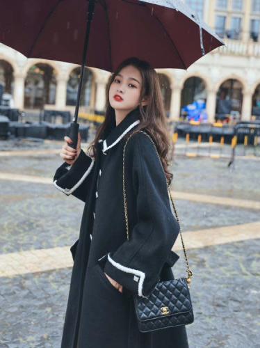 DearGod正韓女裝赫本風正韓寬松顯瘦黑色毛呢外套女2022秋冬新款加厚過膝呢子大衣