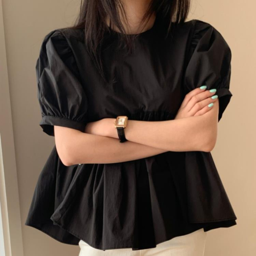 DearGod正韓女裝韓國chic夏季小心機后背鏤空系帶娃娃衫女寬松純色泡泡袖襯衫上衣
