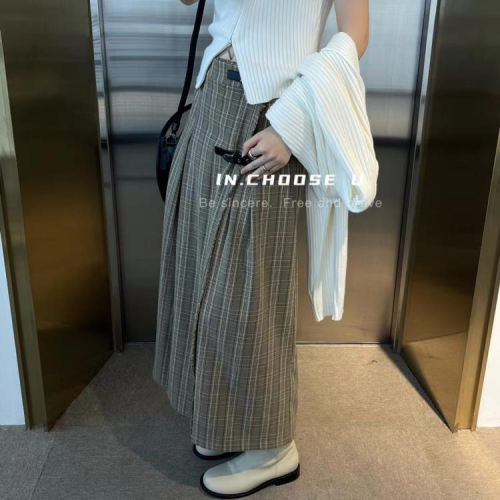 DearGod正韓女裝IN choose u笑笑家2022秋季小眾皮扣高腰顯瘦百褶裙女正韓中長裙
