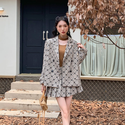 DearGod正韓女裝復古雙排扣蝴蝶結咖色格紋西裝外套高腰百褶裙絲絨辣妹風套裝女秋