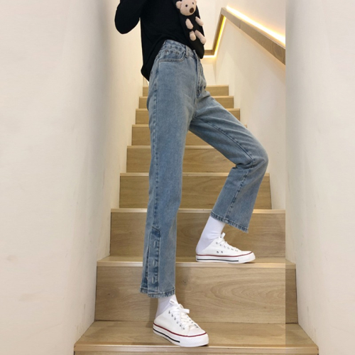 直筒百搭女裝胖妹妹秋季新款韓版開叉高腰牛仔褲女顯瘦直筒褲長褲