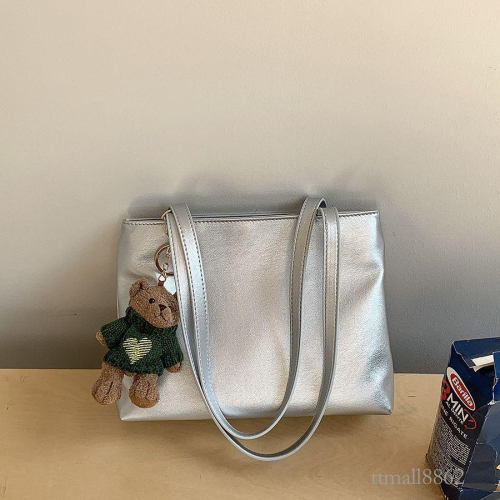 BAGG? 銀色腋下包包小眾韓版新款簡約大容量肩背包女百搭軟皮PU托特包 時尚包 休閒百搭包包 母親節禮物