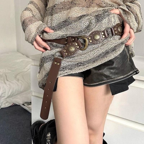 ??????｜隔日到貨｜美式復古魂⚡西部牛仔鉚釘環扣腰帶vintage環扣腰帶女士新款鉚釘咖色西部牛仔褲皮帶風