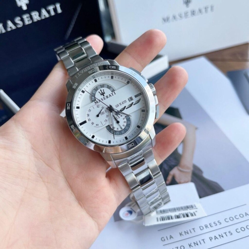 MASERATI瑪莎拉蒂手錶男生 商務通勤石英錶 銀色鋼帶錶 休閒運動腕錶 多功能三眼計時防水手錶R8873619004