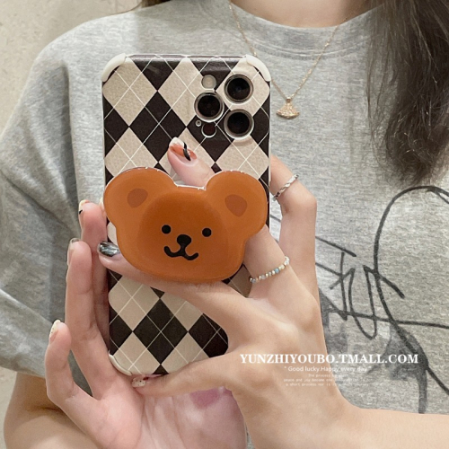 格紋小熊支架適用iphone12pro max蘋果11手機殼iphonex皮紋軟殼xsmax個性xr日韓8plus女款全