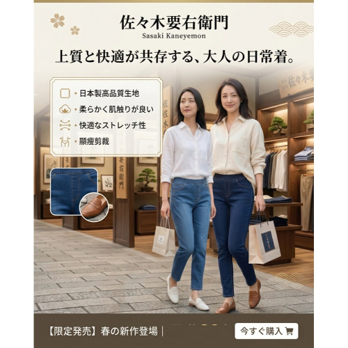 日本 佐佐木要右衛門 椿加工 修飾顯瘦 直筒女褲(深藍淺藍)兩色