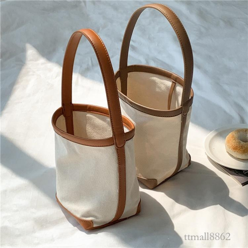 BAGG? 小眾高級圓筒手拎包PU拼接時尚潮流肩背包女大容量水桶包帆布 時尚包 休閒百搭包包 母親節禮物