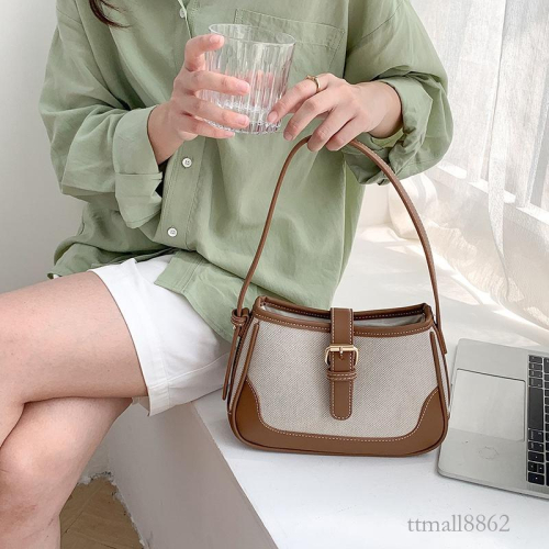 BAGG? 新款女包小眾帆布肩背包ins女時尚拼接手拎包凱旋門腋下包高級感 時尚包 休閒百搭包包 母親節禮物
