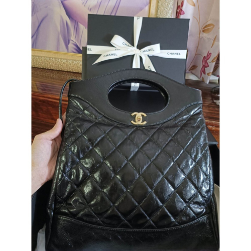 CHANEL 黑色油蠟牛皮 淡金釦 31bag 購物袋 29開 稀缺少見商品 七夕 情人節 母親節 生日禮物 香奈兒