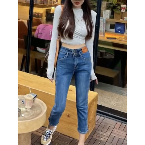 早秋高腰牛仔褲女設計感小標版雙扣顯瘦緊身彈力九分煙管直筒褲子