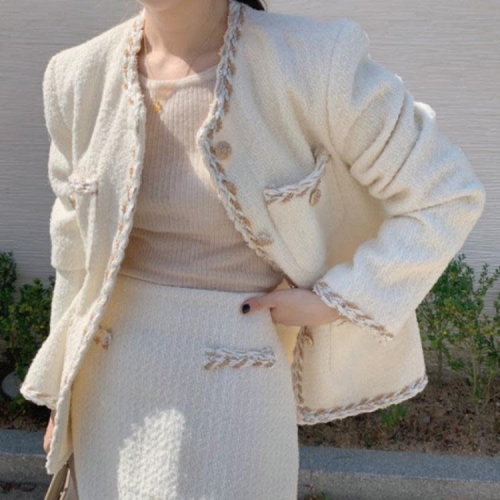 DearGod正韓女裝韓國chic早秋名媛氣質編織鑲邊口袋百搭長袖粗花呢短外套上衣女