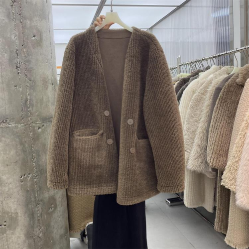 DearGod正韓女裝摩登197 復古燈芯絨外套女冬季2022皮毛一體雙排扣保暖寬松款上衣