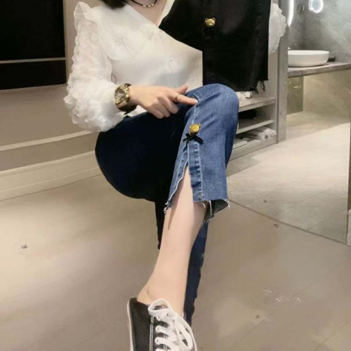 秋季小熊可愛裝飾牛仔褲高腰歐貨顯瘦九分側開叉女直筒煙管褲